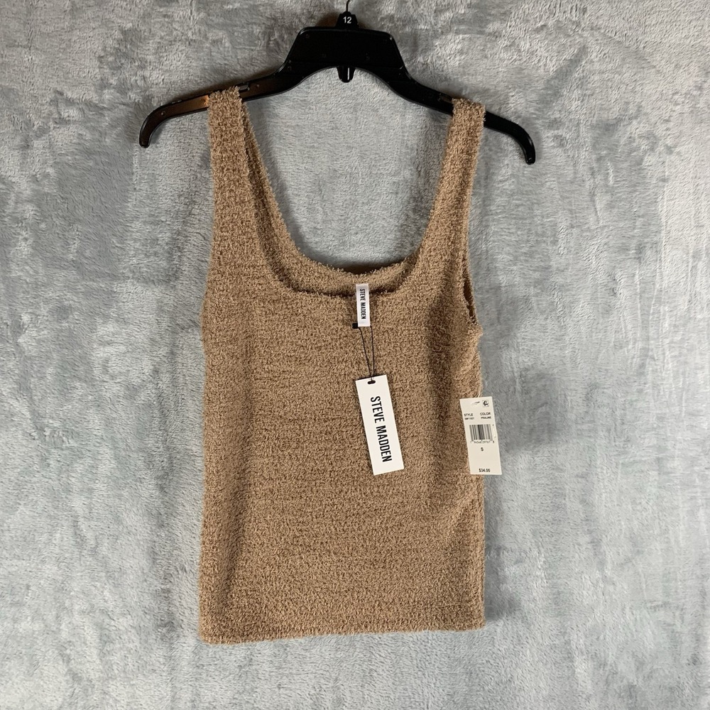 Steve Madden Women's Tank Top‎ S Sleep Chenille Fuzzy Scoop Neck Tan NWT